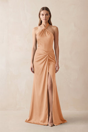 Halter Ruched Sheath Satin Bridesmaid Dress in Golden Champagne - KISS BRIDAL Bridesmaid Dresses