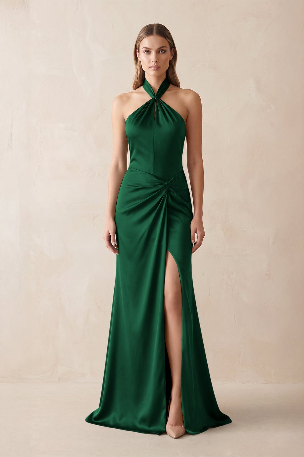 Halter Ruched Sheath Satin Bridesmaid Dress in Green - KISS BRIDAL Bridesmaid Dresses