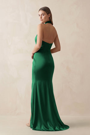 Halter Ruched Sheath Satin Bridesmaid Dress in Green - KISS BRIDAL Bridesmaid Dresses