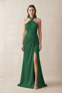 Halter Ruched Sheath Satin Bridesmaid Dress in Green | KISSBRIDAL