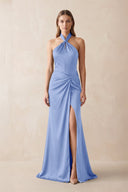 Halter Ruched Sheath Satin Bridesmaid Dress in Ice - KISS BRIDAL Bridesmaid Dresses