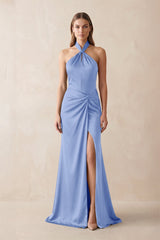 Halter Ruched Sheath Satin Bridesmaid Dress in Ice - KISS BRIDAL Bridesmaid Dresses