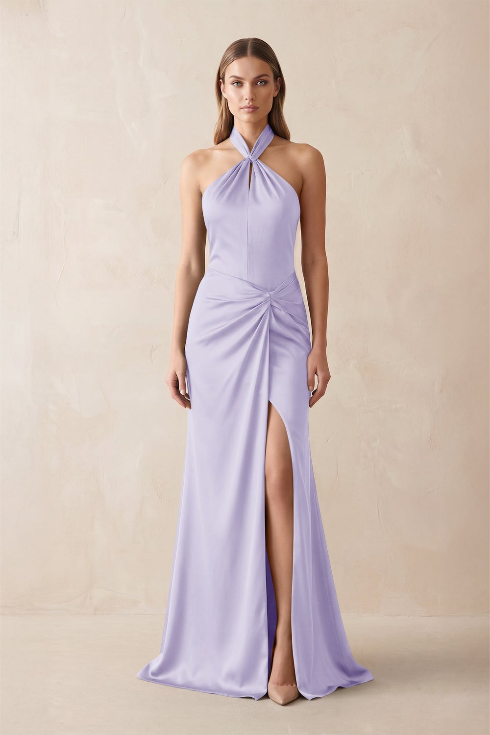 Halter Ruched Sheath Satin Bridesmaid Dress in Lavender - KISS BRIDAL Bridesmaid Dresses