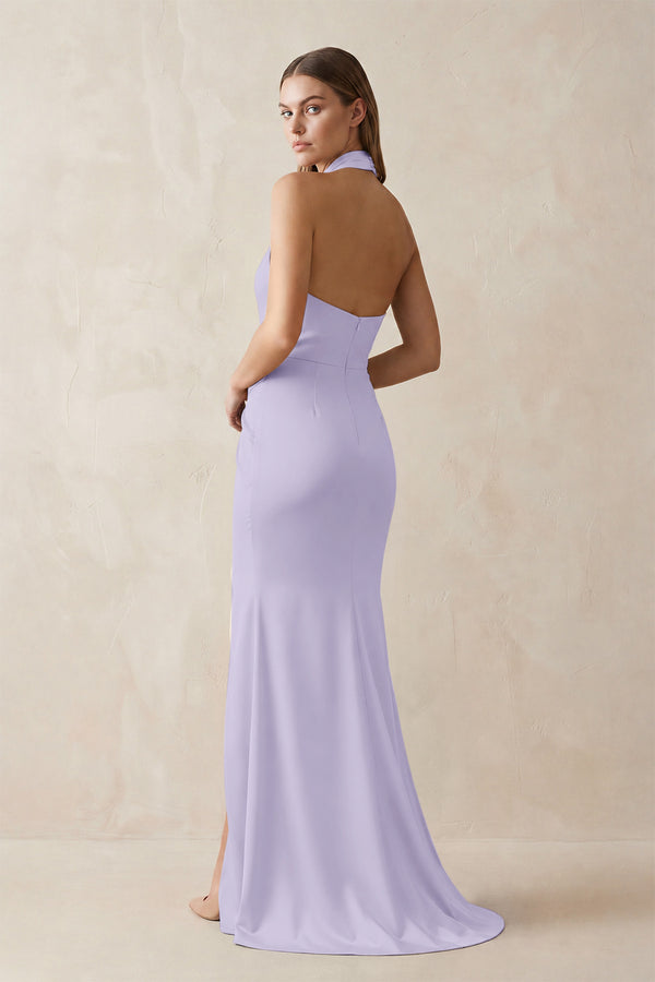 Halter Ruched Sheath Satin Bridesmaid Dress in Lavender (2) | KISSBRIDAL