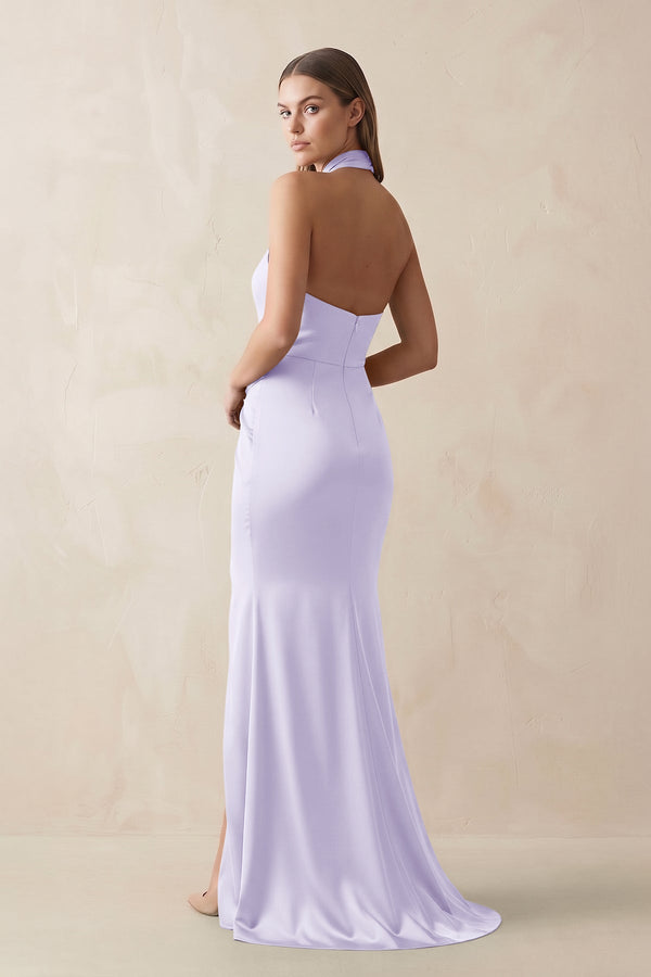 Halter Ruched Sheath Satin Bridesmaid Dress in Lavender - KISS BRIDAL Bridesmaid Dresses
