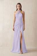 Halter Ruched Sheath Satin Bridesmaid Dress in Lavender | KISSBRIDAL