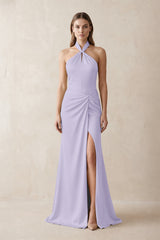 Halter Ruched Sheath Satin Bridesmaid Dress in Lavender | KISSBRIDAL