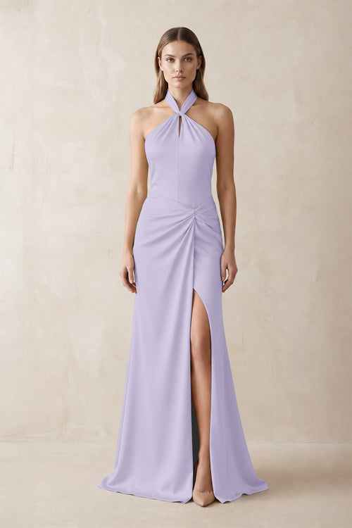 Halter Ruched Sheath Satin Bridesmaid Dress in Lavender | KISSBRIDAL