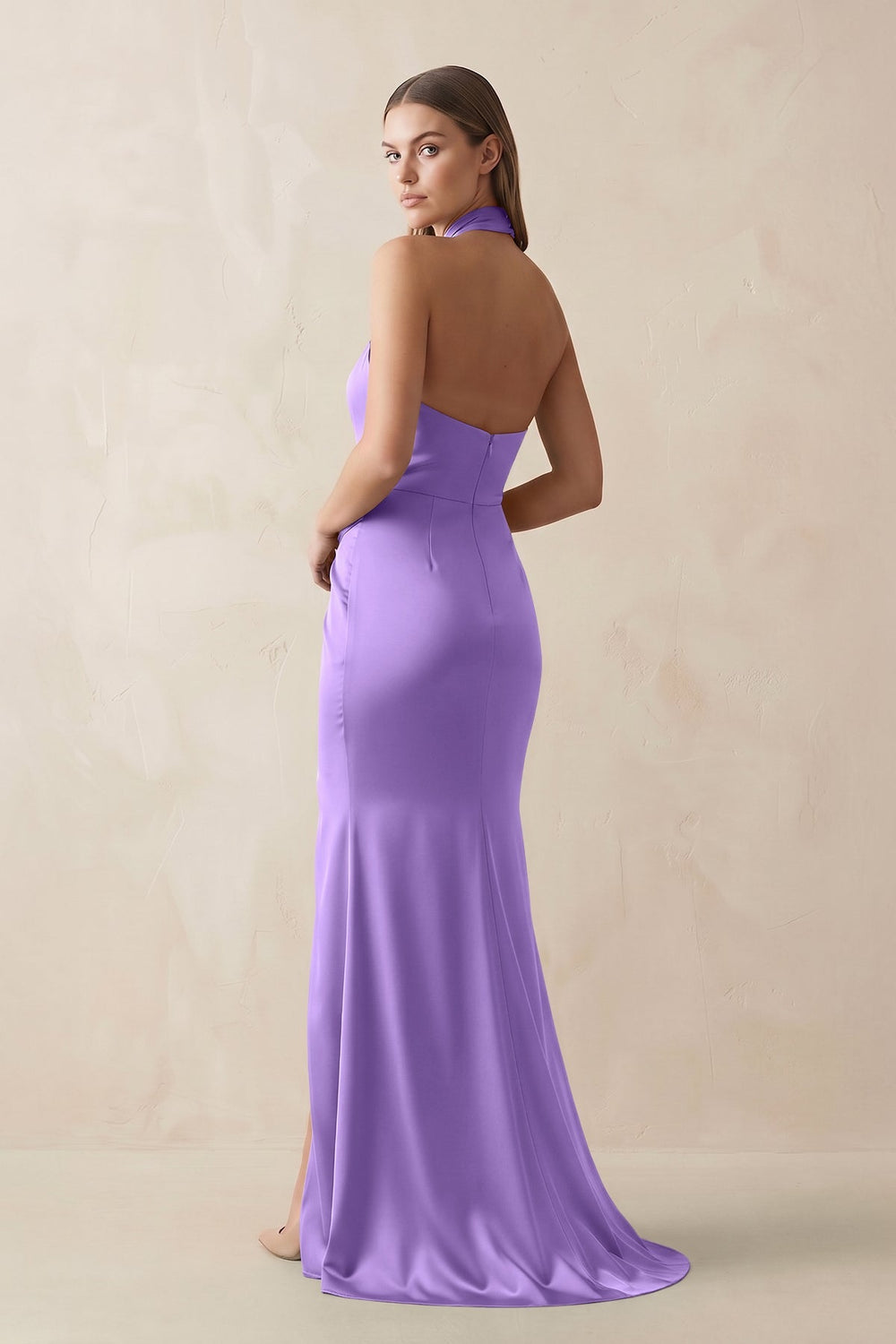 Halter Ruched Sheath Satin Bridesmaid Dress in Lilac - KISS BRIDAL Bridesmaid Dresses
