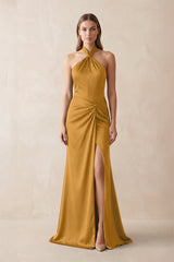 Halter Ruched Sheath Satin Bridesmaid Dress in Marigold - KISS BRIDAL Bridesmaid Dresses