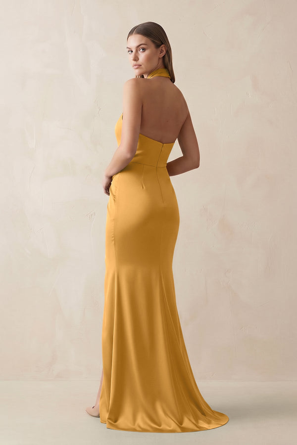 Halter Ruched Sheath Satin Bridesmaid Dress in Marigold - KISS BRIDAL Bridesmaid Dresses