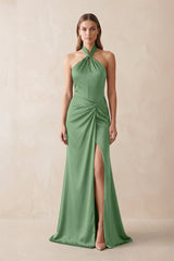 Halter Ruched Sheath Satin Bridesmaid Dress in Matcha - KISS BRIDAL Bridesmaid Dresses