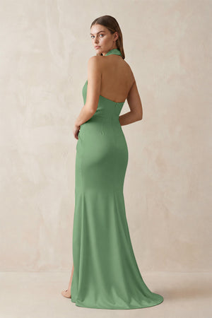 Halter Ruched Sheath Satin Bridesmaid Dress in Matcha (2) | KISSBRIDAL