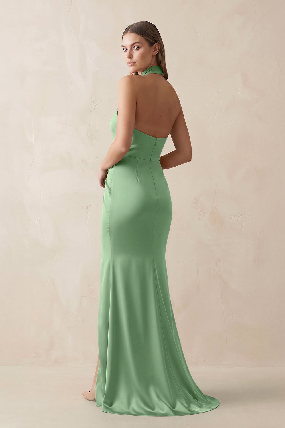Halter Ruched Sheath Satin Bridesmaid Dress in Matcha - KISS BRIDAL Bridesmaid Dresses