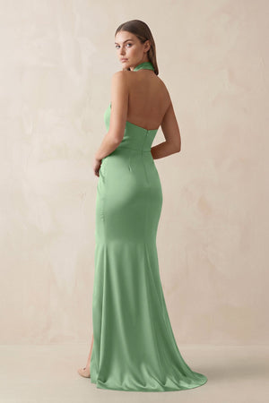 Halter Ruched Sheath Satin Bridesmaid Dress in Matcha - KISS BRIDAL Bridesmaid Dresses