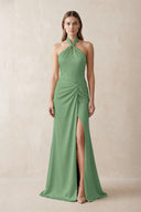 Halter Ruched Sheath Satin Bridesmaid Dress in Matcha | KISSBRIDAL
