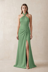 Halter Ruched Sheath Satin Bridesmaid Dress in Matcha | KISSBRIDAL