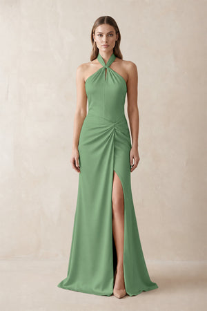 Halter Ruched Sheath Satin Bridesmaid Dress in Matcha | KISSBRIDAL