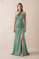 Halter Ruched Sheath Satin Bridesmaid Dress in Mint Green - KISS BRIDAL Bridesmaid Dresses