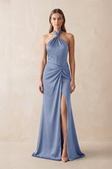 Halter Ruched Sheath Satin Bridesmaid Dress in Mist - KISS BRIDAL Bridesmaid Dresses