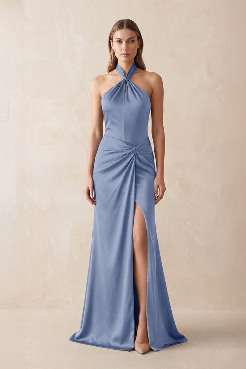 Halter Ruched Sheath Satin Bridesmaid Dress in Mist - KISS BRIDAL Bridesmaid Dresses