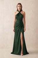 Halter Ruched Sheath Satin Bridesmaid Dress in Moss - KISS BRIDAL Bridesmaid Dresses