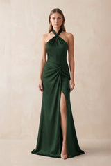 Halter Ruched Sheath Satin Bridesmaid Dress in Moss - KISS BRIDAL Bridesmaid Dresses