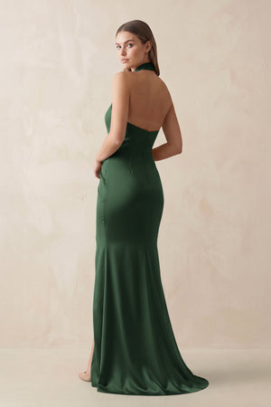 Halter Ruched Sheath Satin Bridesmaid Dress in Moss - KISS BRIDAL Bridesmaid Dresses