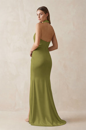 Halter Ruched Sheath Satin Bridesmaid Dress in Moss Green (2) | KISSBRIDAL