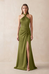 Halter Ruched Sheath Satin Bridesmaid Dress in Moss Green - KISS BRIDAL Bridesmaid Dresses