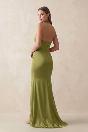 Halter Ruched Sheath Satin Bridesmaid Dress in Moss Green - KISS BRIDAL Bridesmaid Dresses