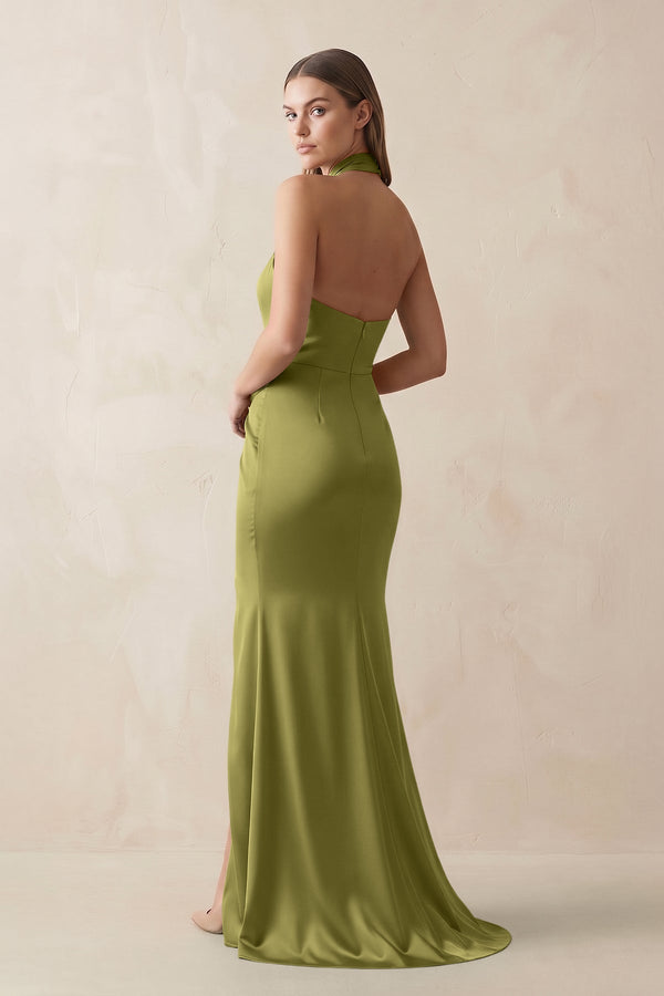 Halter Ruched Sheath Satin Bridesmaid Dress in Moss Green - KISS BRIDAL Bridesmaid Dresses
