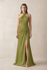 Halter Ruched Sheath Satin Bridesmaid Dress in Moss Green | KISSBRIDAL