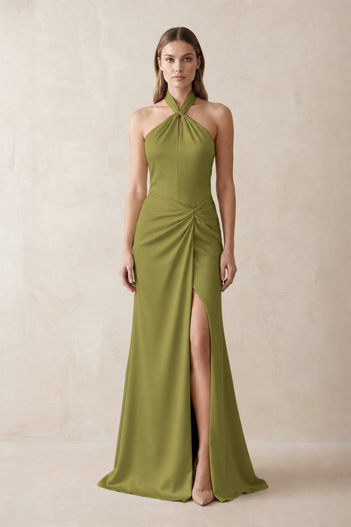 Halter Ruched Sheath Satin Bridesmaid Dress in Moss Green | KISSBRIDAL