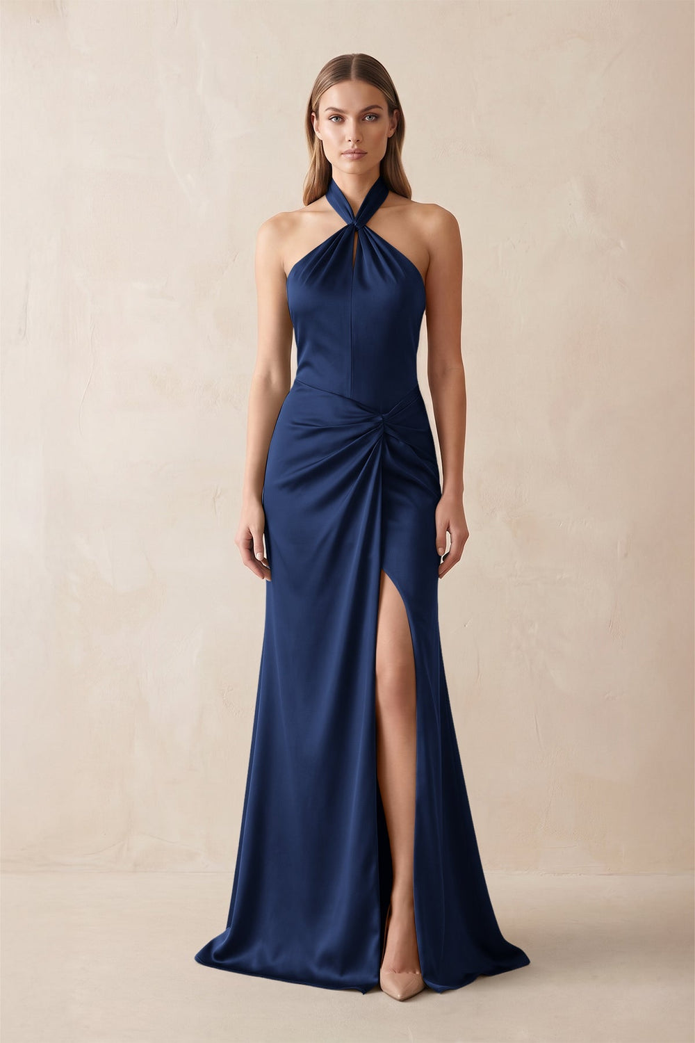 Halter Ruched Sheath Satin Bridesmaid Dress in Navy - KISS BRIDAL Bridesmaid Dresses