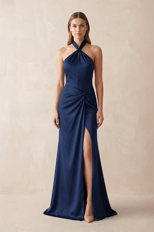 Halter Ruched Sheath Satin Bridesmaid Dress in Navy - KISS BRIDAL Bridesmaid Dresses