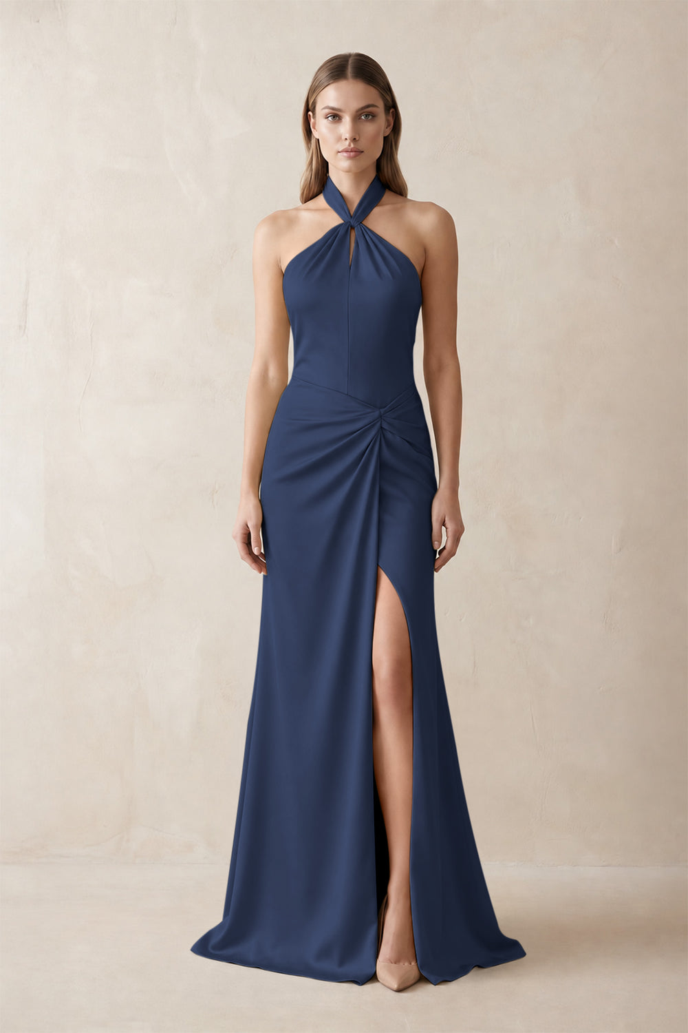 Halter Ruched Sheath Satin Bridesmaid Dress in Navy