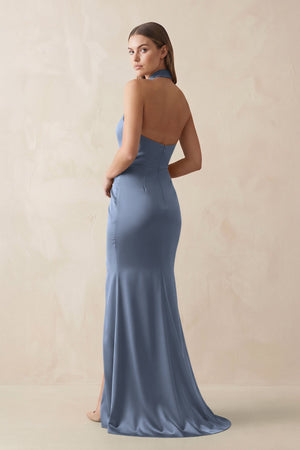 Halter Ruched Sheath Satin Bridesmaid Dress in Neptune - KISS BRIDAL Bridesmaid Dresses