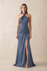 Halter Ruched Sheath Satin Bridesmaid Dress in Neptune - KISS BRIDAL Bridesmaid Dresses