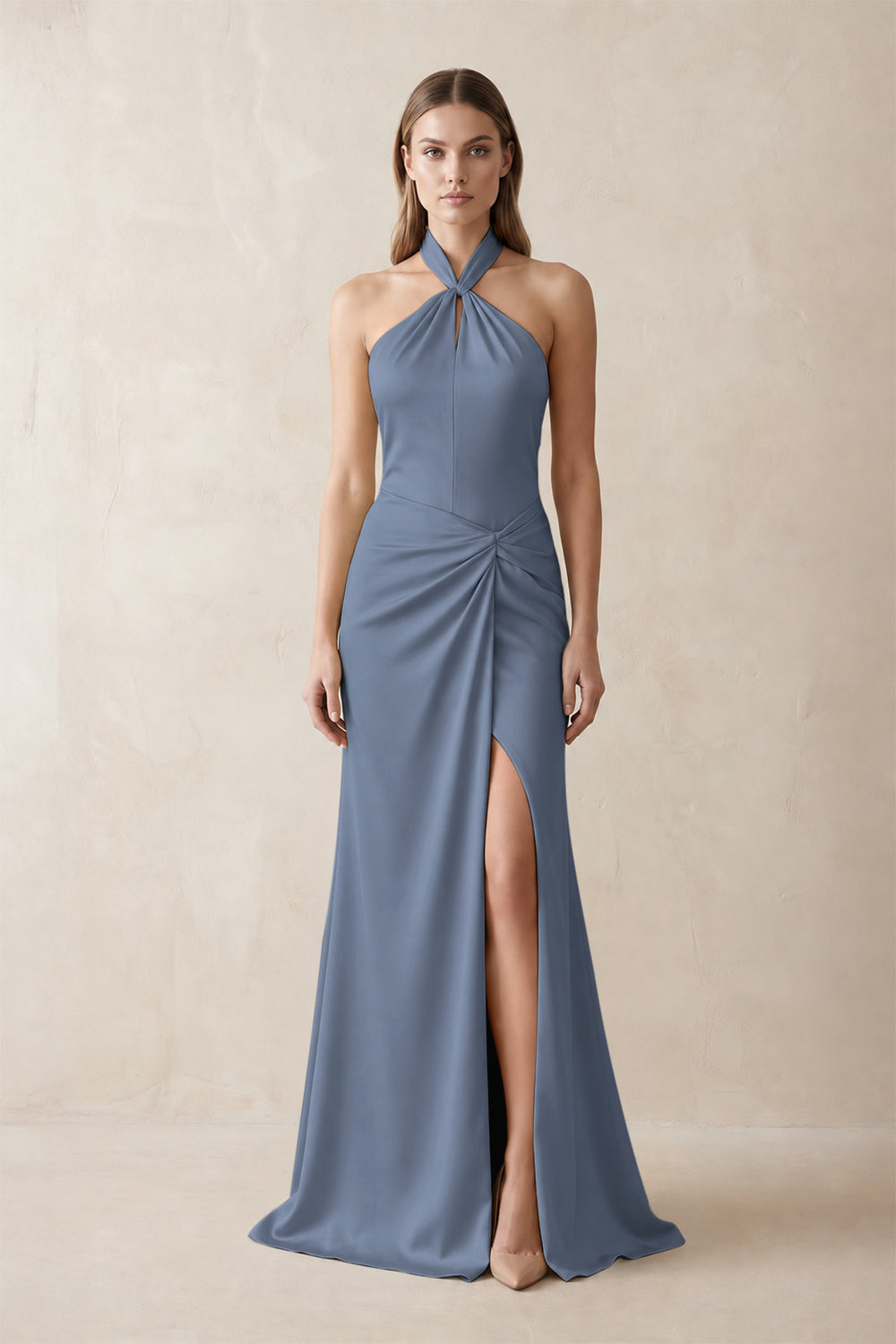 Halter Ruched Sheath Satin Bridesmaid Dress in Neptune
