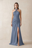 Halter Ruched Sheath Satin Bridesmaid Dress in Neptune | KISSBRIDAL
