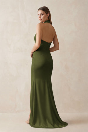 Halter Ruched Sheath Satin Bridesmaid Dress in Olive (2) | KISSBRIDAL