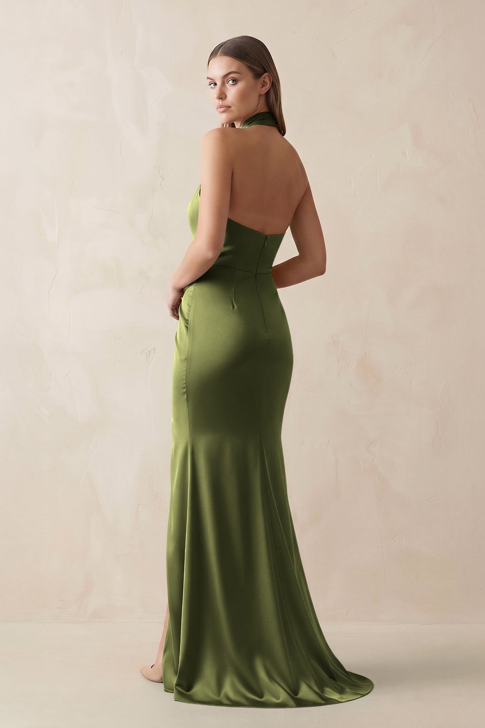Halter Ruched Sheath Satin Bridesmaid Dress in Olive - KISS BRIDAL Bridesmaid Dresses