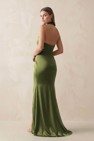 Halter Ruched Sheath Satin Bridesmaid Dress in Olive - KISS BRIDAL Bridesmaid Dresses