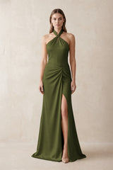 Halter Ruched Sheath Satin Bridesmaid Dress in Olive | KISSBRIDAL