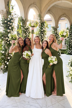 Halter Ruched Sheath Satin Bridesmaid Dress in Olive | KISSBRIDAL