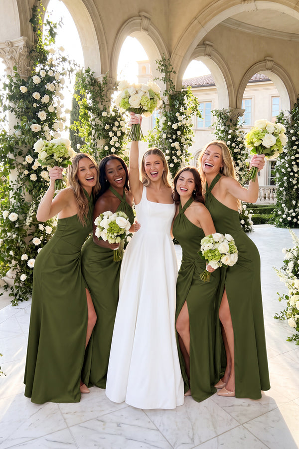 Halter Ruched Sheath Satin Bridesmaid Dress in Olive | KISSBRIDAL