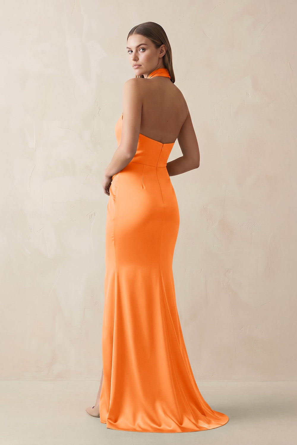 Halter Ruched Sheath Satin Bridesmaid Dress in Orange - KISS BRIDAL Bridesmaid Dresses