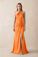 Halter Ruched Sheath Satin Bridesmaid Dress in Orange - KISS BRIDAL Bridesmaid Dresses