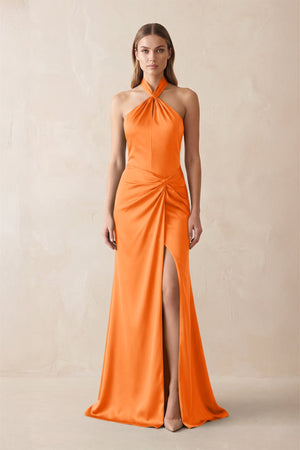 Halter Ruched Sheath Satin Bridesmaid Dress in Orange - KISS BRIDAL Bridesmaid Dresses